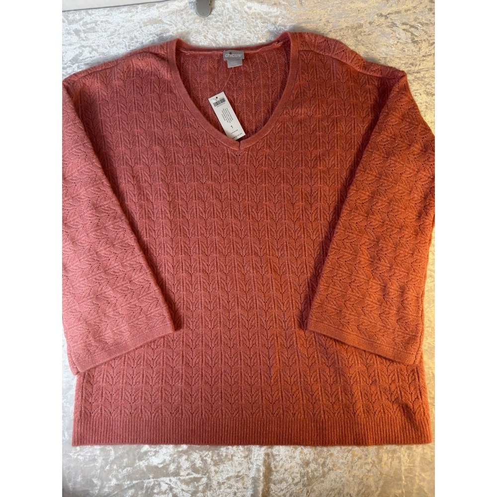 Chico's Pullover Sweater Women's M Cable Knit V Neck Strawberry Blush NWT